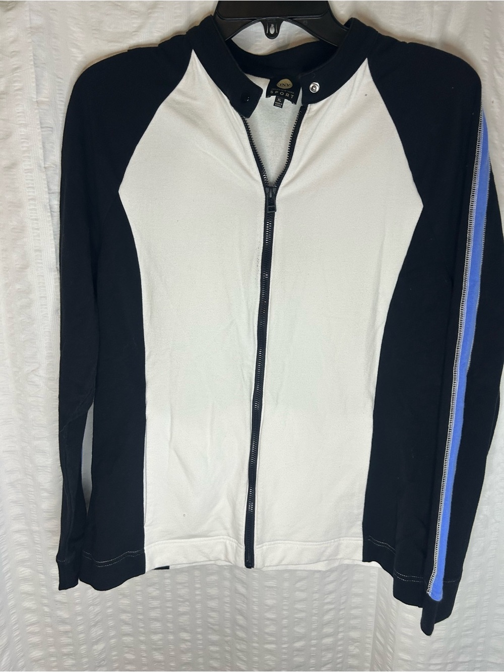 Jones New York White Front Black Raglan Jacket with Blue Stripe